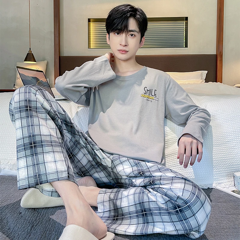 Plaid Men Pajamas Set Casual Male Sleepwear Autumn Winter Long Sleeves Long Pants Soft Pyajmas Boys Pijamas Blue Cozy Cotton Pjs