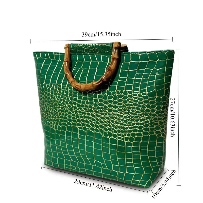 High-end faux leather emerald green crocodile pattern tote bag for women, glossy embossed faux bamboo handle handbag view 2