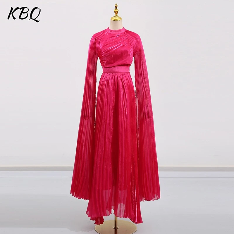 

KBQ Solid Minimalist Slimming Dresses for Women Round Neck Long Sleeve High Waist Temperament Long Dress Female Fashion New New