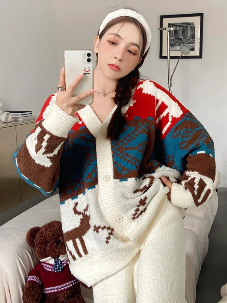 Autumn Winter American Style Age-Reducing Elk Contrast Color Y2K Cardigan Pajamas Soft Thickened Warm Wool Knitted Home Clothes