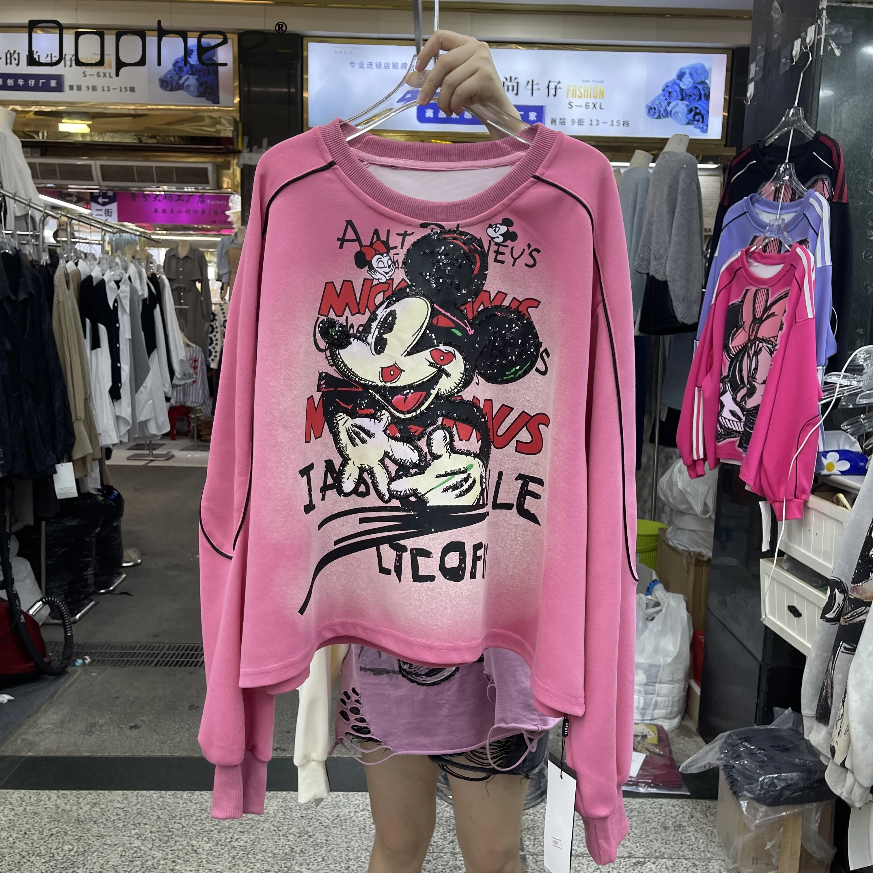 Pullover Sweatshirt for Women 2025 Autumn New Heavy Cartoon Print Sequin Crew Neck Loose Casual Top Kawaii Aesthetic Sweatshirts