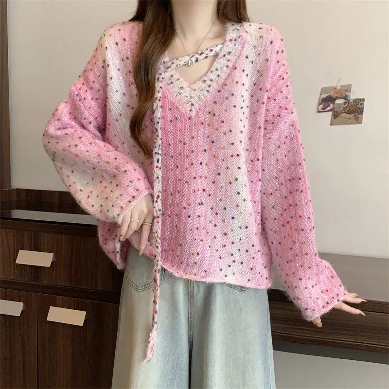الكورية مطرز الملونة البولكا نقطة المرقعة لينة بريق سترة للنساء الخريف موضة جديدة أنيقة طويلة الأكمام البلوز الأعلى