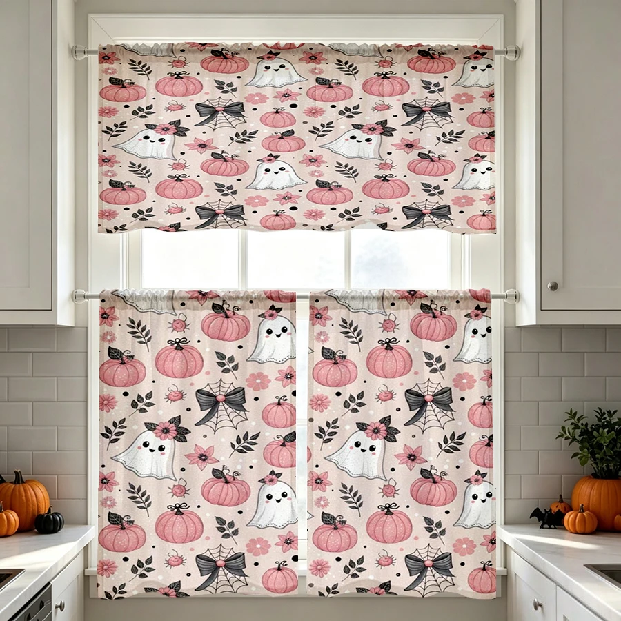 Halloween Fall Kitchen Curtains, Pink Pumpkin Ghost Floral, Digital Print, Kitchen Dining Room, Rod Pocket Polyester, Home Decor