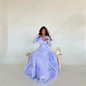OIMG Purple Lavanda In Layer Tulle A Line Dresses of Full Sleeves Night Plisada Dress Ball Dresses Personalized Wedding Party Dresses 12 Main sales dress for graduation - №6