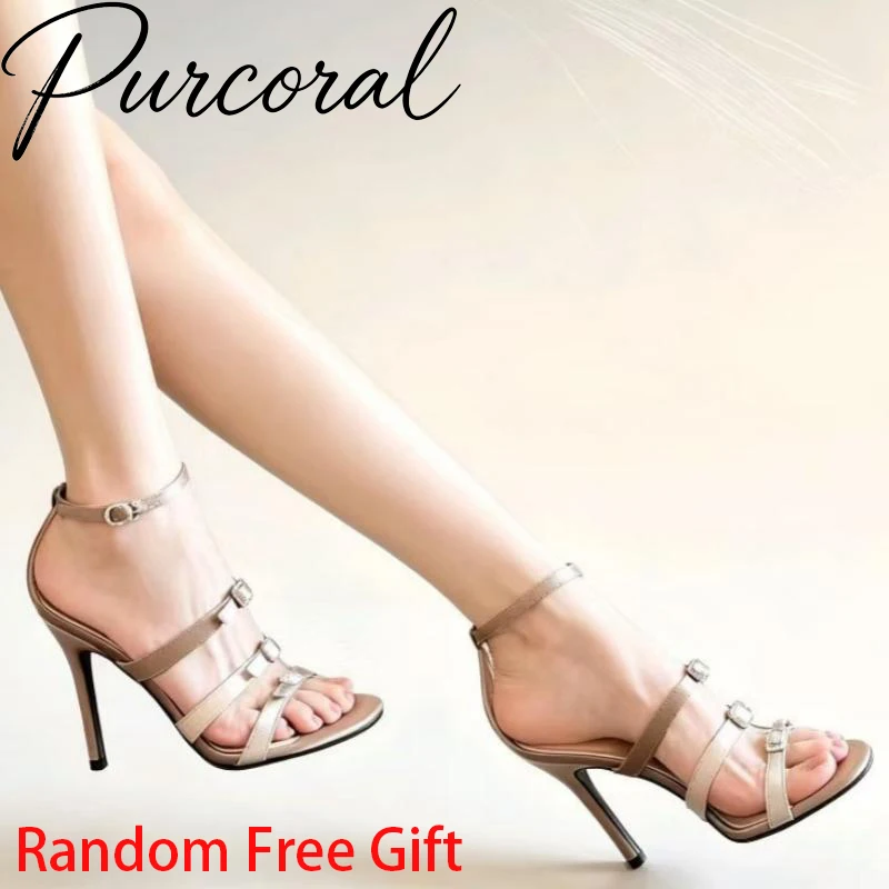 Sandalias Purcoral 2026 Champagne con Tiras Finas Multicolor para Mujer, Hebilla Metálica, Correa en el Tobillo, Tacones de Aguja, Punta Abierta, Calzado para Fiesta