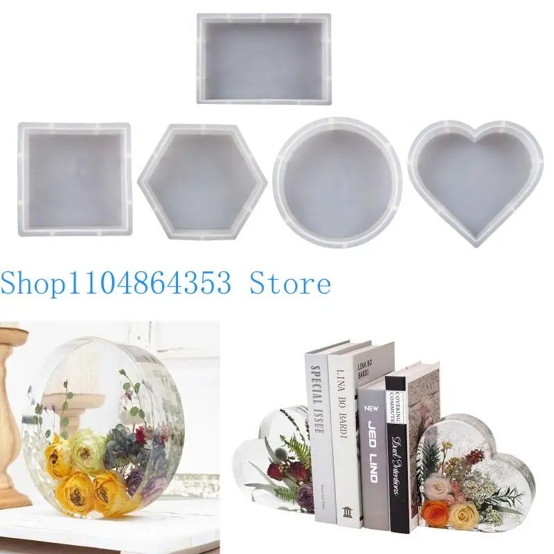 652F Bookend Molds for Resin Rectangle Square Hexagon Round Heart Silicone Molds for Epoxy Casting for Home Decor
