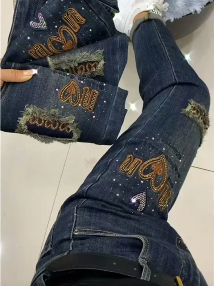 2024 Autumn New Denim Pants for Women High Waist Skinny and Elastic Nine Point Pants European Heavy Industry Pants