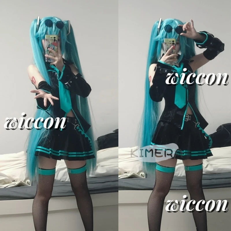 Disfraz de Cosplay de Anime Mikuu 16th, conjunto de uniformes negros MlKU 16th, gafas de vestir, peluca de Navidad para mujeres y niñas