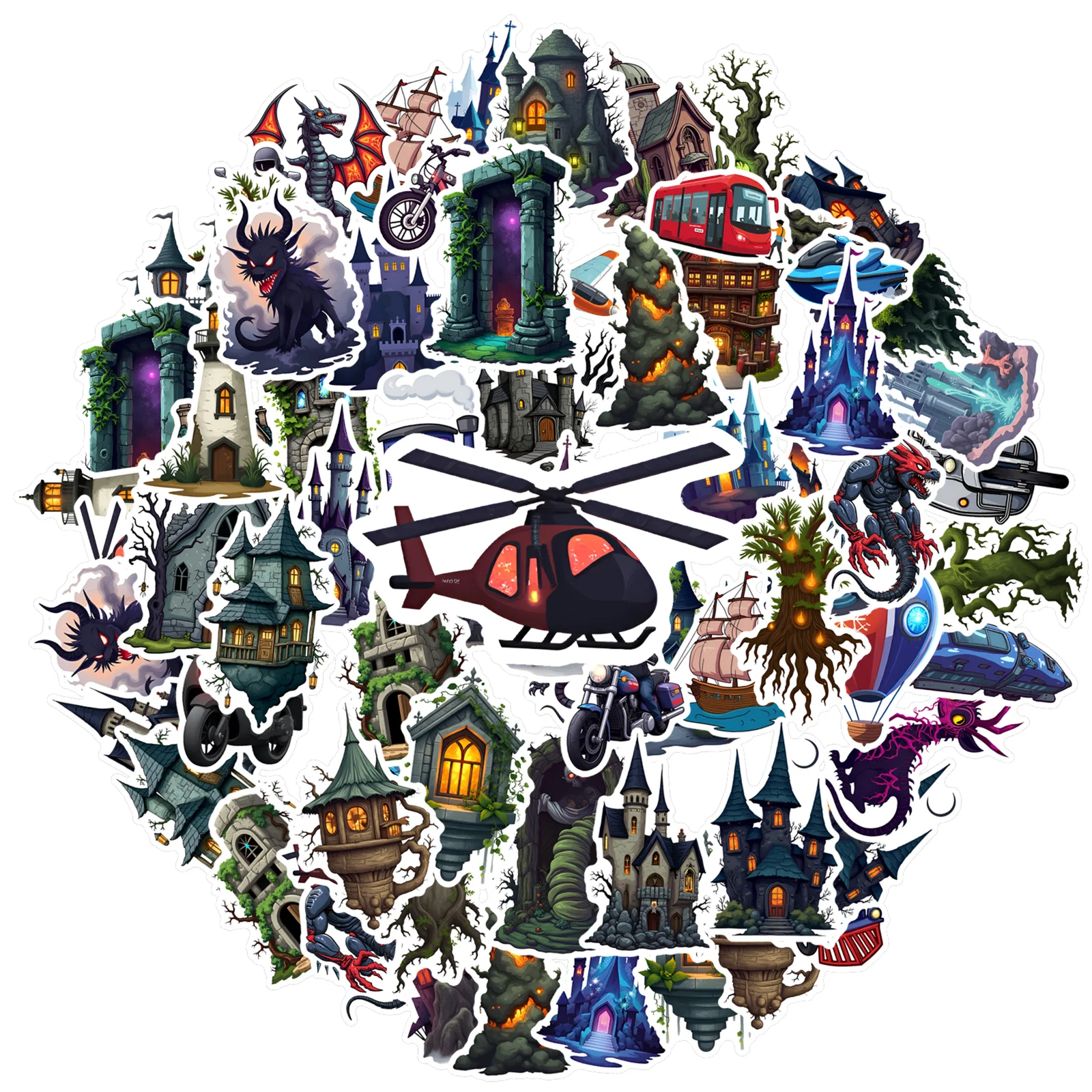35pcs-50pcs Dark Fantasy Creatures Stickers Gothic Haunted Houses Gothic Stickers Tree Stickers Pack For Laptop Luggage