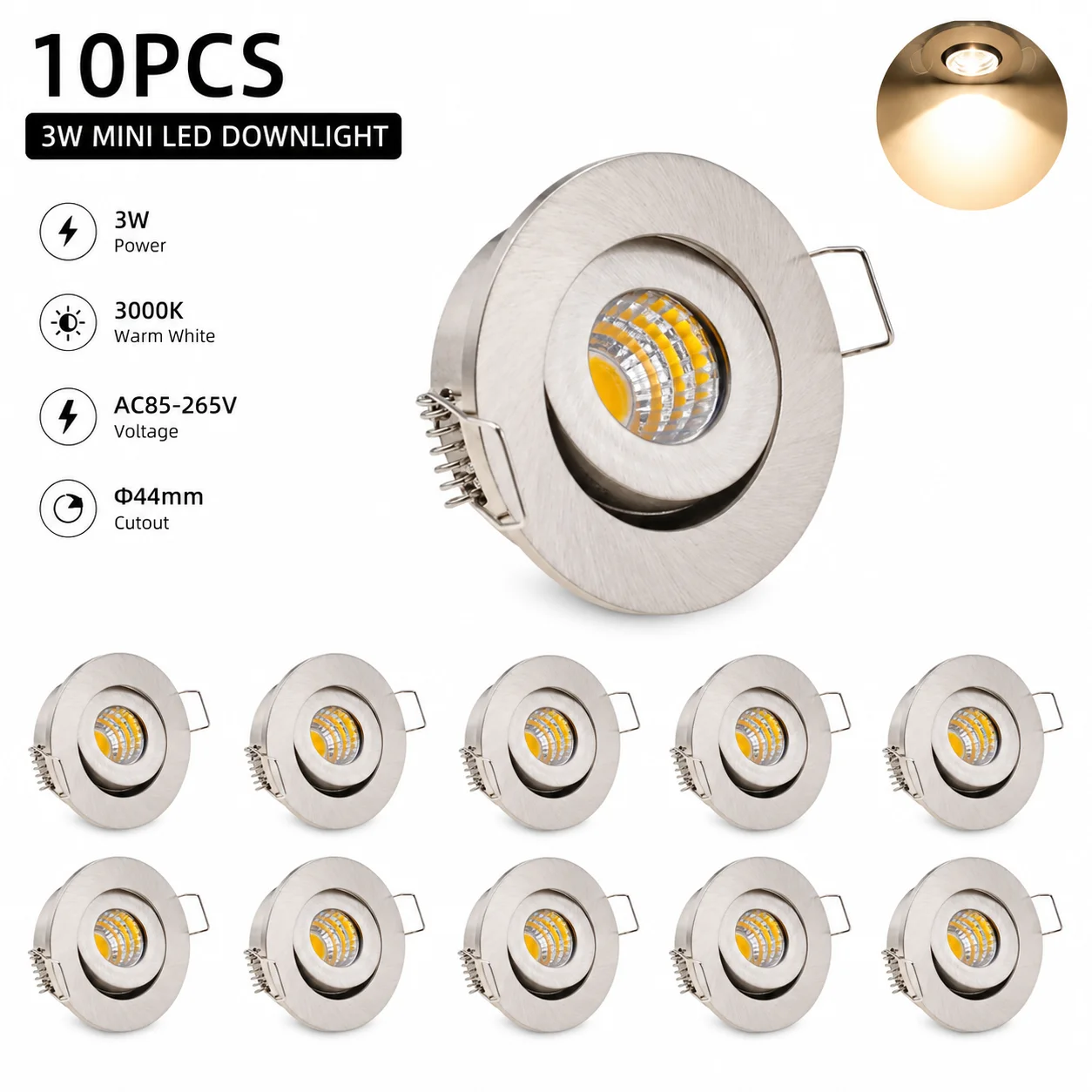 JOYINLED 3W Mini Einbau-LED-Downlight, runder, blendfreier Deckenstrahler in satiniertem Nickel, warmweiß 3000K, eingebettete Spotleuchte AC85-265V, ultraflache LED-Deckenlampe für Heimdekoration,