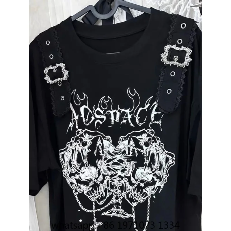 Yabi Hottie Gothic Dark Vintage Tops Subculture Y2k Print Short Sleeves Loose T-shirt Women Black Casual Clothes 2000s Chic Tees