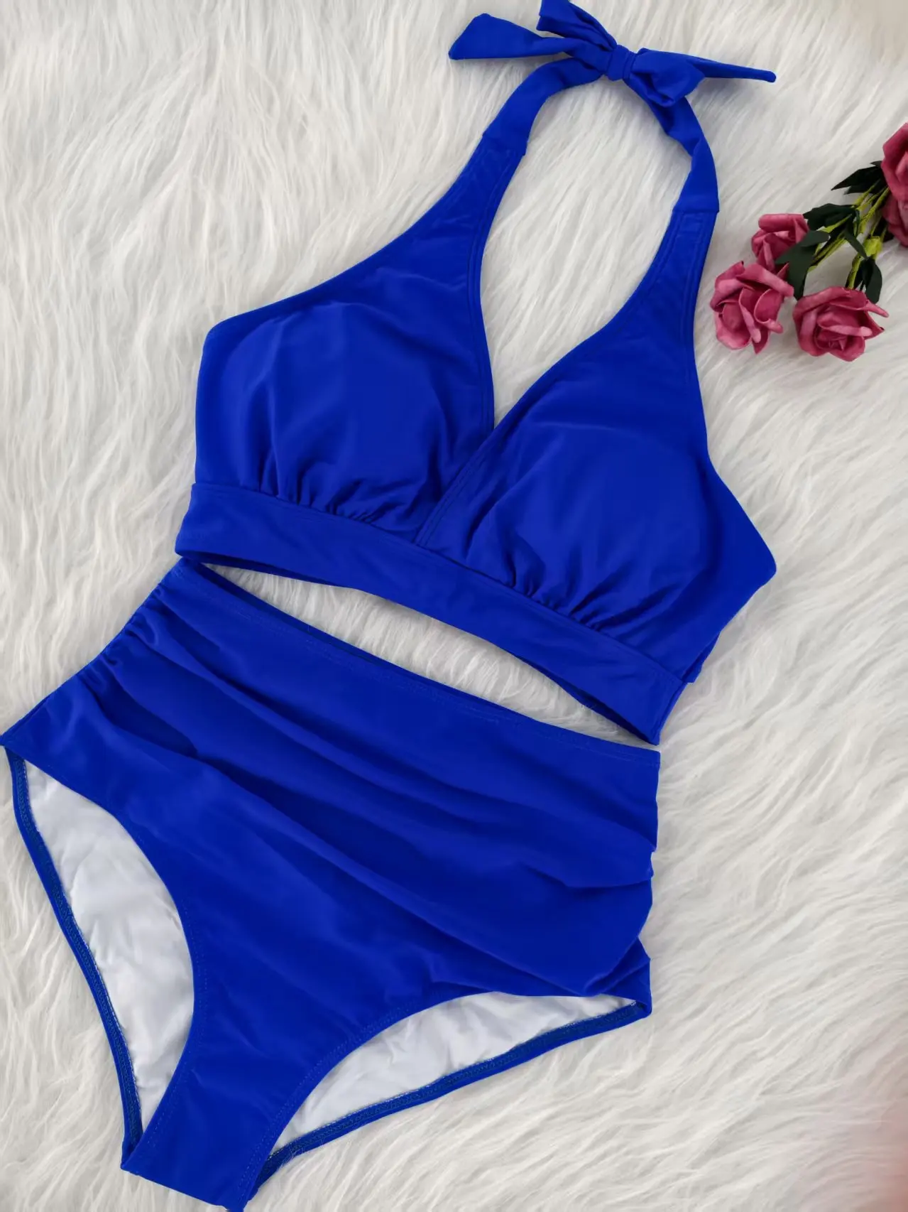 sexy royal blue halter tie bikinis sets two pieces high waist plain swimsuits bathing suit swimwear biquini tankini trikini