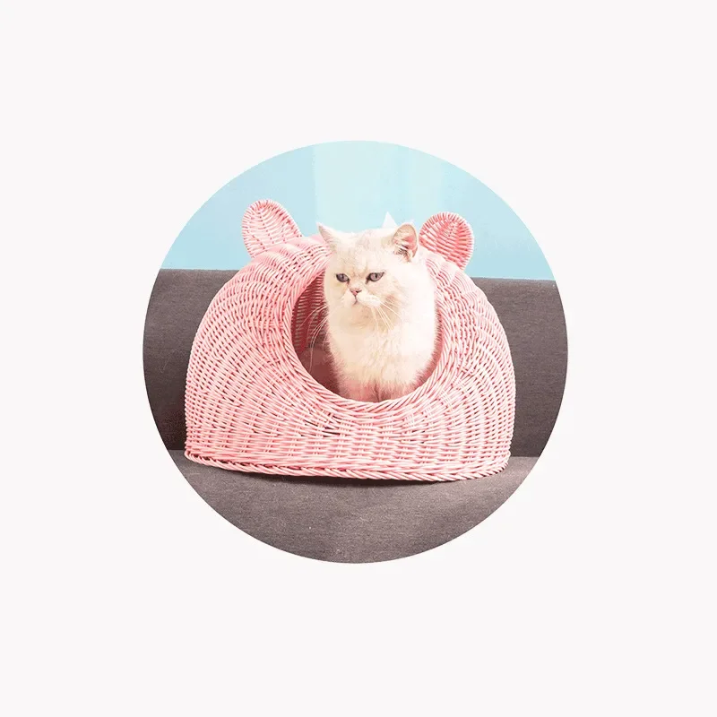 Woven Rattan Cat Litter Box Semi Closed Breathable Washable Pet Potty House for Indoor Use