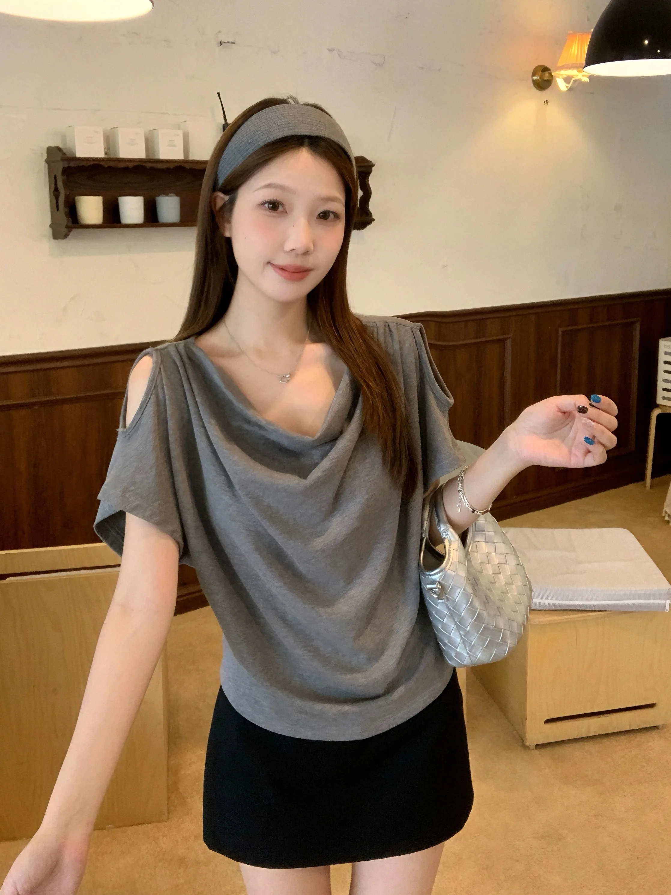 

plus Size Women's Pure Desire High-End Feelings Shoulder Baring Short Sleeve T-Shirt Summer New Design Elegant Top Korean Style
