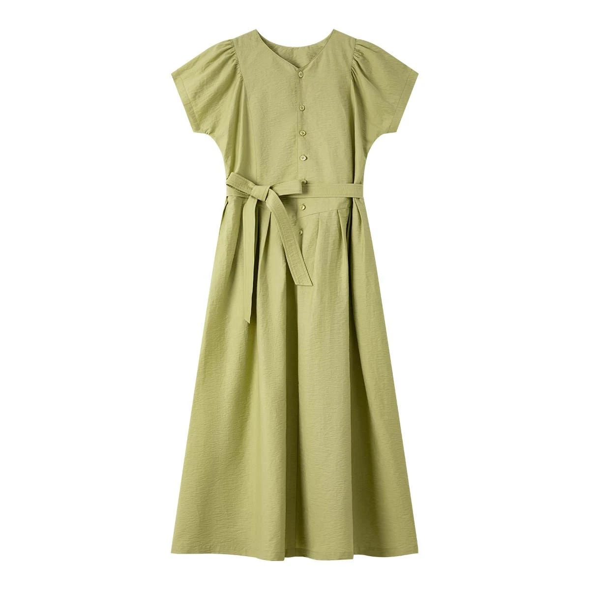VIMLY Women's Long Dress Summer 2025 Casual Green Pleated Wearing V-neck Puff Sleeve Straight Dresses Clothing Female A1901