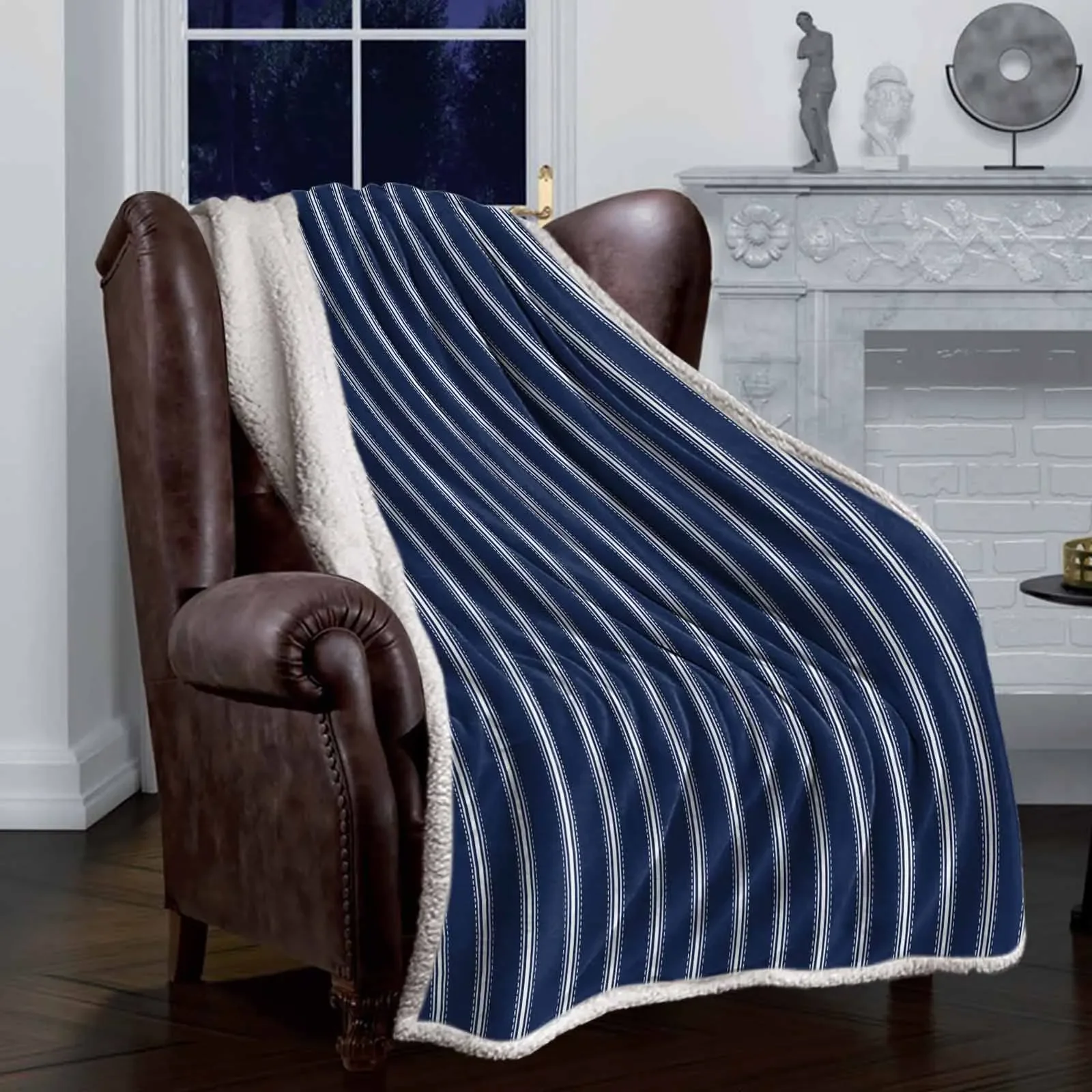 Striped Navy BlueBackgroundstyle double-layer thick winter blanket,soft and warm sheep wool crystal wool blanket,plush bed sheet