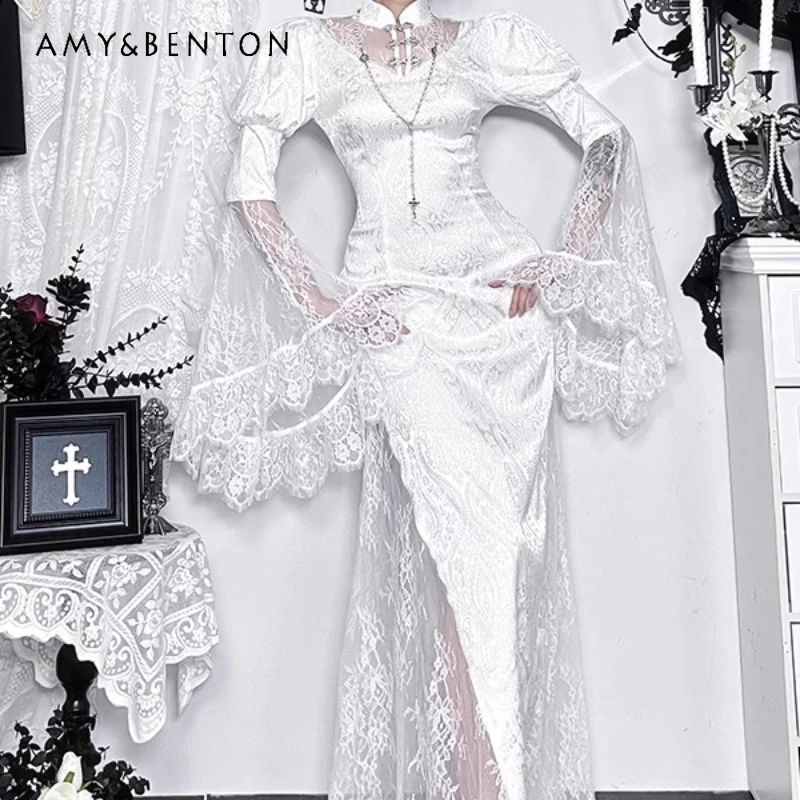 

Halloween Gothic Modified Cheongsam Subculture Hot Girl Dress Original Design Sweet Cool Sexy Flared Sleeve Long Dresses Ladies