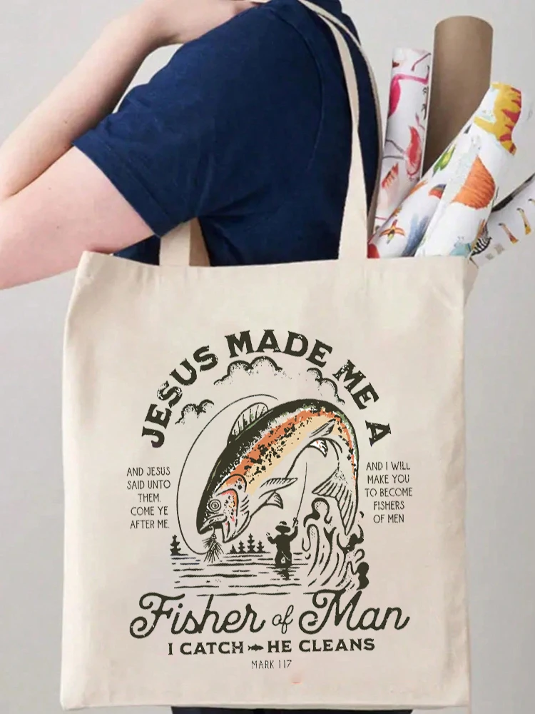 

1pcs Vintage Fisher Man Print Women Canvas Shopping Bag Double Print Decor Plant Casual Canvas Shoulder Handbag for Child Gift