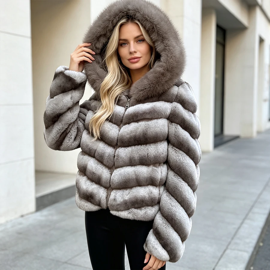 Ladies Natural Rabbit Fur With Zipper Real Fur Coat With Lavish Hood With Fox Trim Furry Jacket Luxury Short Genuine Fur Coat