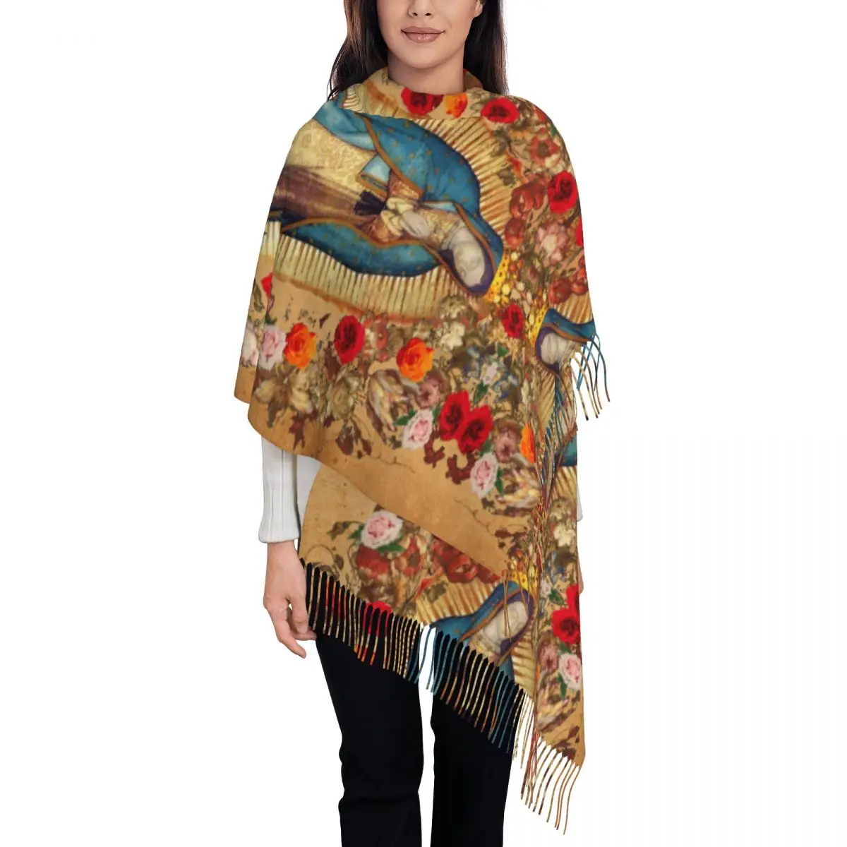 

Luxury Our Lady Of Guadalupe Virgin Mary Tassel Scarf Women Winter Fall Warm Shawls Wraps Female Catholic Mexico Poster Scarves