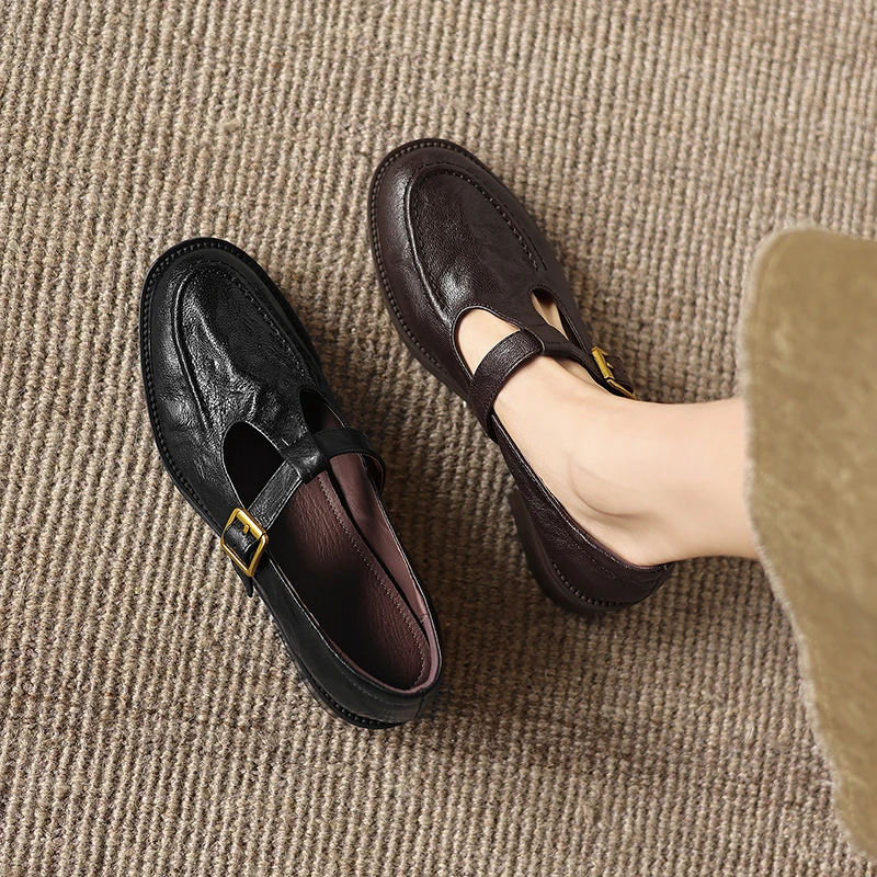 

Handmade Vintage Leather Pumps Round Toe Single Buckle Strap Comfort Flat Shoes Deep Cutout Classic Shoes