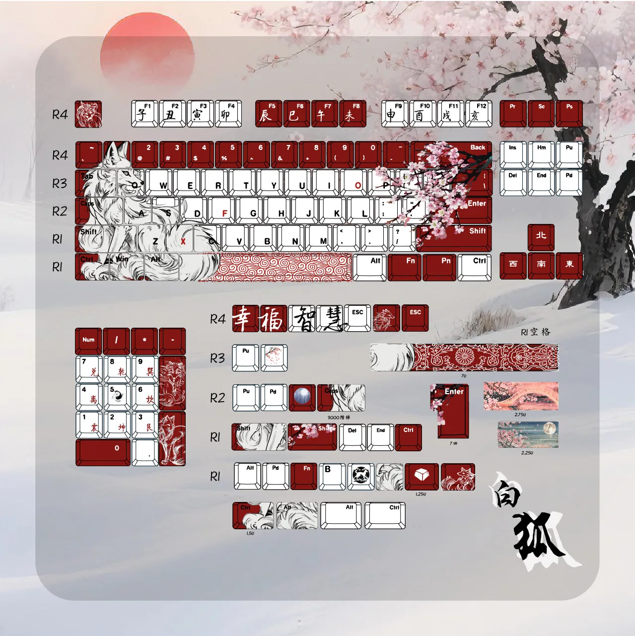 R7White Fox Keycaps Custom PBT Cherry Sublimation Key Caps Cute Cartoon Anime Point Key Cap Personalization Original Design