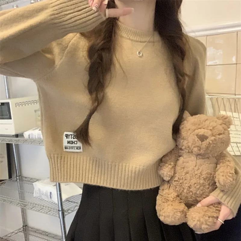 

Women's Round Neck Autumn Winter Solid Screw Thread Pullovers Letter Long Sleeve Sweater Knitted Undershirt Casual Loose Tops