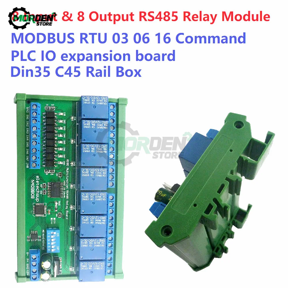 DC 12V 24V 8 Isolated Input & 8 Output DIN35 C45 Rail Box UART Relay Module RS485 Modbus RTU Control Switch Board Power Supply