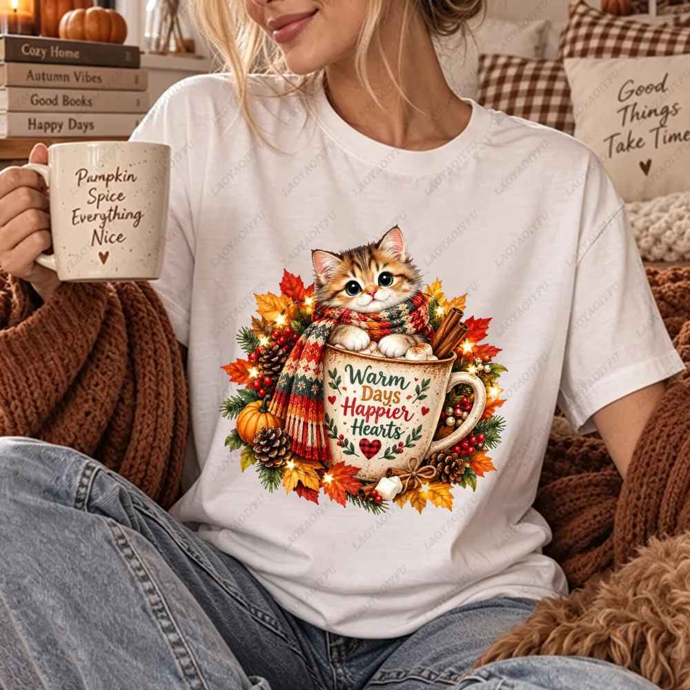 Warm Days Happier Hearts Fall Cat Mug Pumpkin Maple Leaf Print Women Autumn Short Sleeve Cozy Cute Thanksgiving Holiday Top