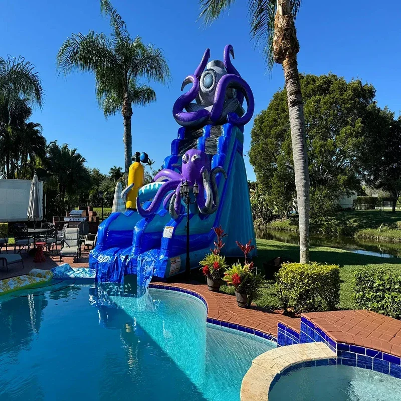 Newly Upgraded Giant Purple Octopus-themed Inflatable Long Double-channel Water Slide For Children And Adults With Paddling