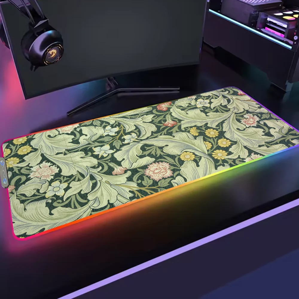 Art W-William Morris Luxury S Mouse Pad RGB LED Light Non-Slip Rubber Base Waterproof Office PC Home Best Price Desk-Mat USB Lar
