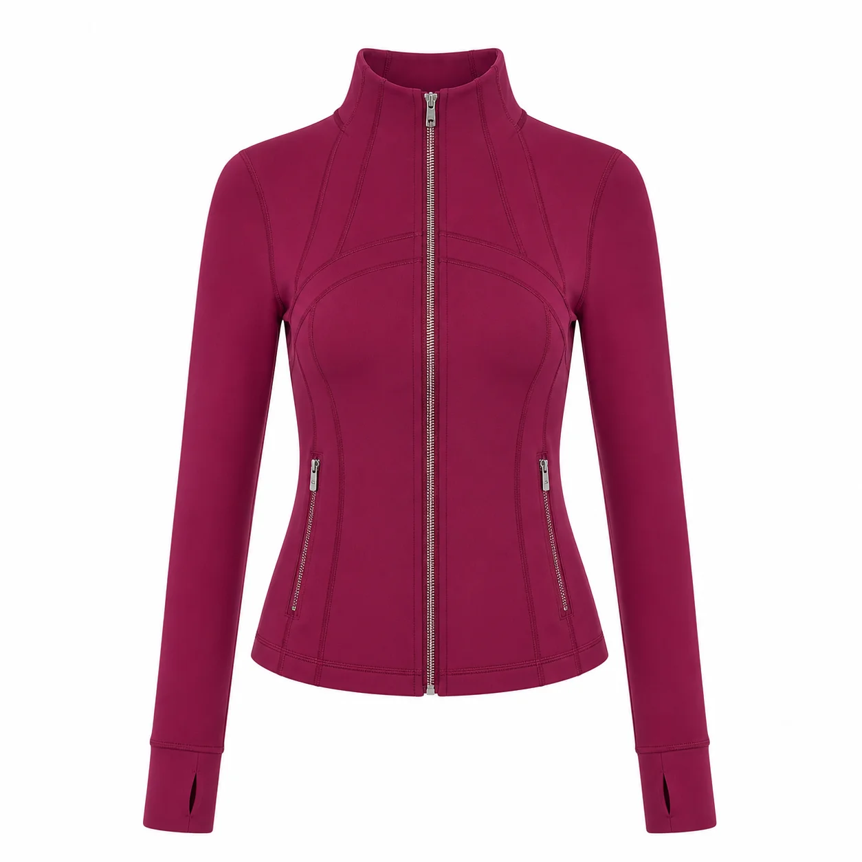 Women's Burgundy Slim Fit Full Zip Sports Jacket Stand Collar Long Sleeve Thumbhole Workout Running Yoga Outerwear
