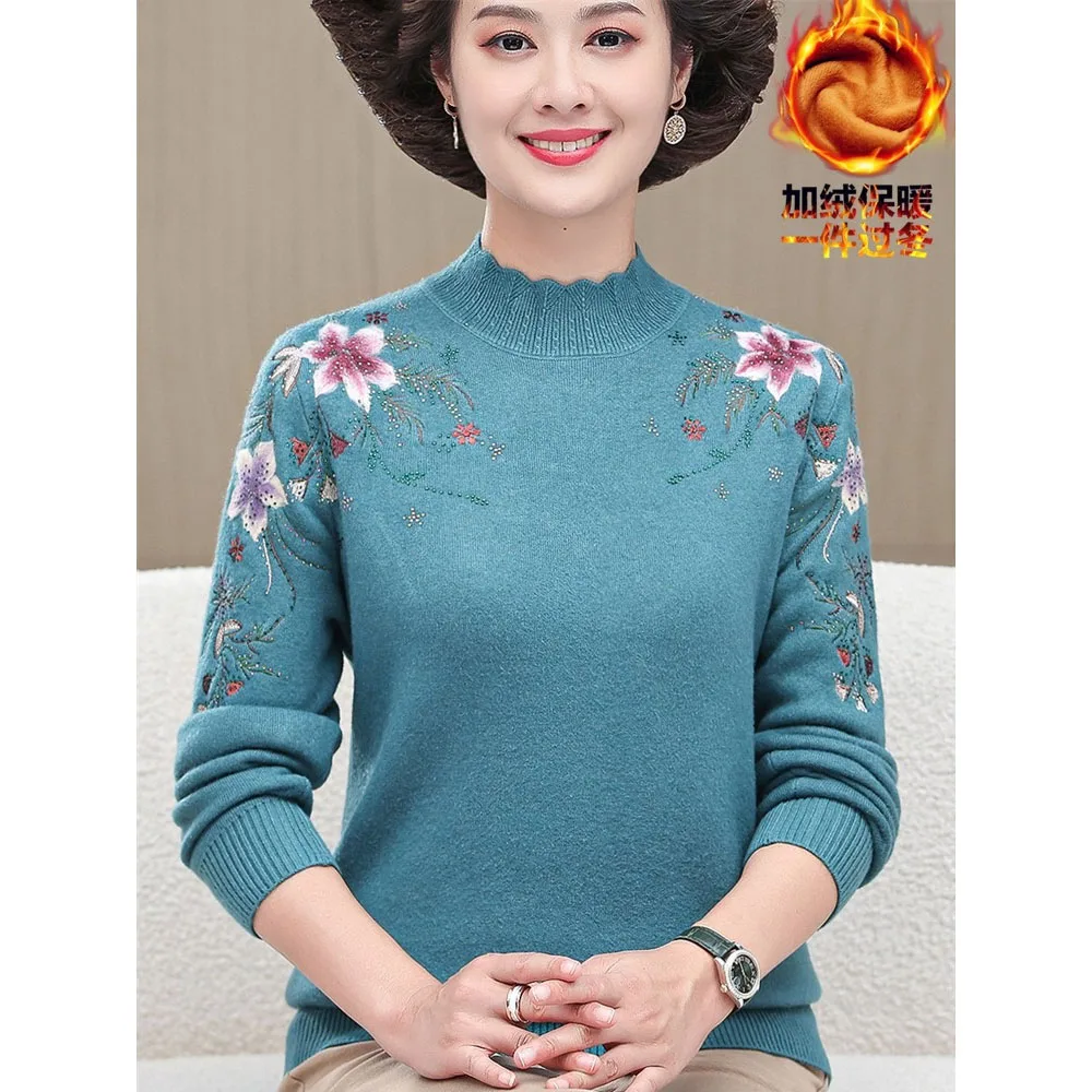 5XL Large Size Mother\'s Winter Sweater Loose Add Velvet Thicken Warm Embroidered Pullovers Tops Middle Aged Women Knitted Jumper