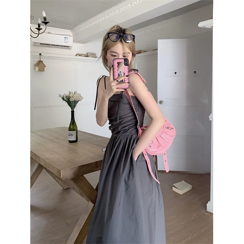 Vintage Folds Midi Dress Women Y2K Sexy Strap One Pieces Dresses Streetwear Korean Sleeveless A Line Bodycon Vestidos Summer New