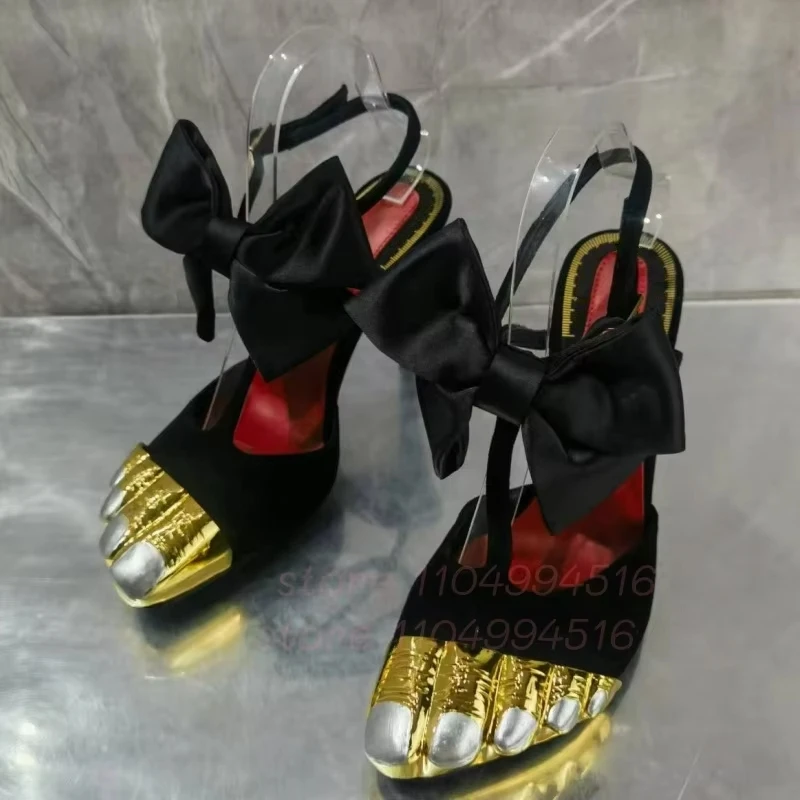 Golden Five Toes Patchwork Stiletto Sandals Women Pointed Toe Cover Heel Ankle Strap Sandals Lady Elegant Sexy Party Dress Shoes