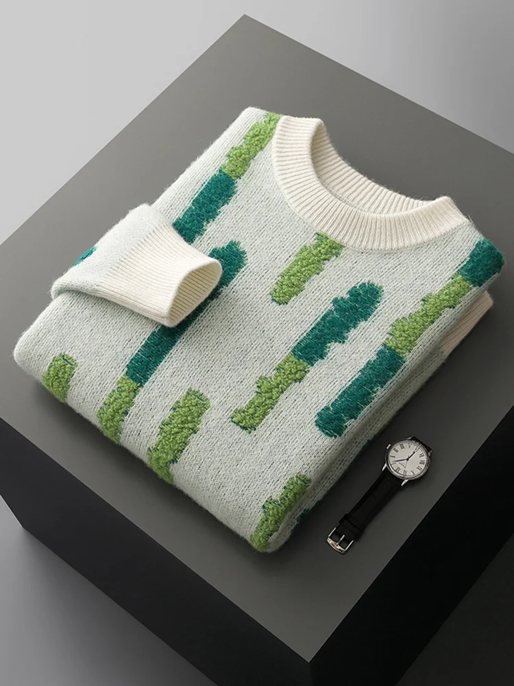 

New Chic Men's Thick O-Neck Jacquard 100% Merino Wool Knitted Sweater Autumn Winter High Quality Soft Pullover Casual Warm Tops