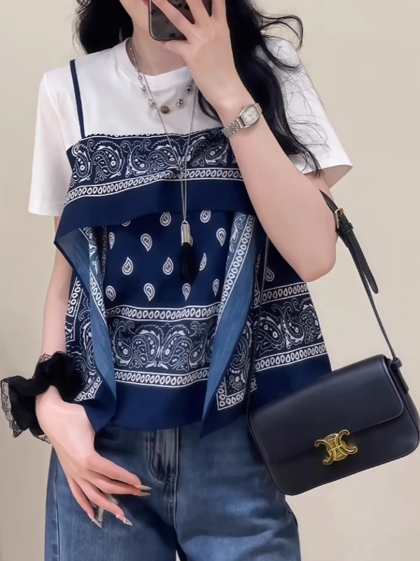 Faionable ort Sve Fake Two-Piece Women's T-irt plus Size Creative Design Korean Sle Loose Fit Summer Top