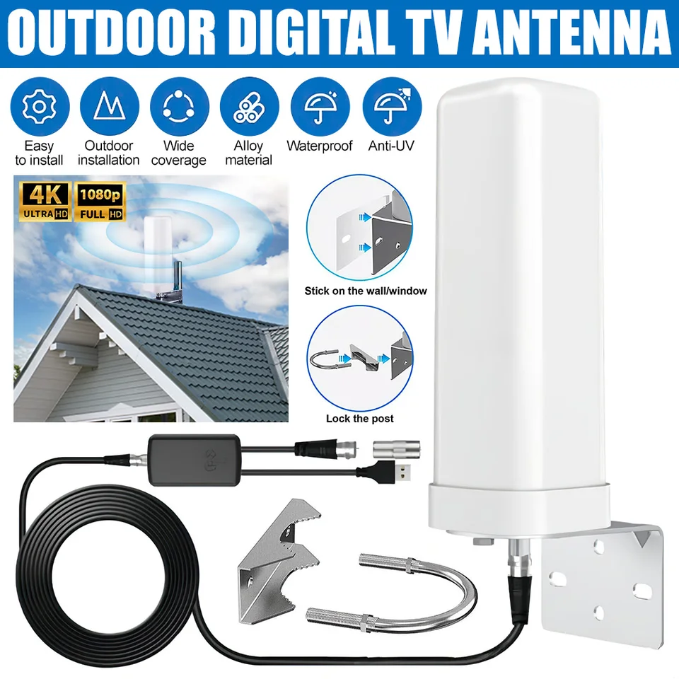 Antenna TV Digitale DVB-T/DVB-T2 Amplificata – HDTV 4K 1080p, Cavo Coassiale 16.5 Ft