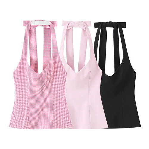 2025 NOVEDAD DE VERANO llegadas ropa de mujer Sexy estilo de chica caliente espalda Bowknot cuello Halter camisola Top