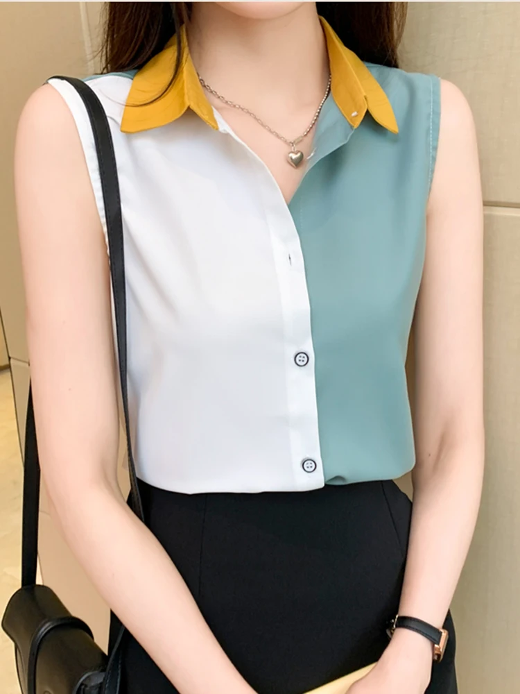 Summer Sleeveless Blouse Women Casual Patchwork Shirts Blouses Female Blusas Casual Ladies Office OL Blouses Basice Tops