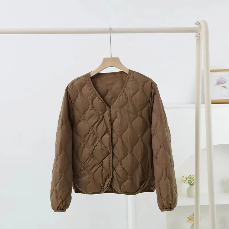 Manteau d'hiver pour femme, col en V, léger, chaud, en duvet de canard blanc, parka courte, simple boutonnage, grande taille, vêtements d'extérieur