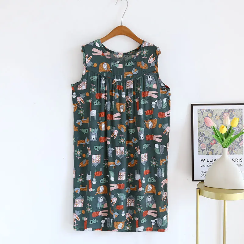 Printing Night Dress Women Sleepwear Cotton Sleeveless Sexy Nightgowns For Female Nightwear Loose Mid-Long Nightdress