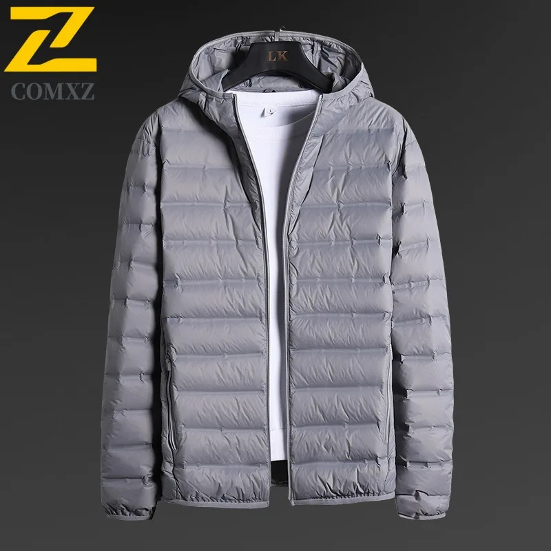 COMXZ 2025 Mens Winter Hooded Thick Puffer Jacket American Style Waterproof and Windproof Long Outdoor Sports solid color Coat