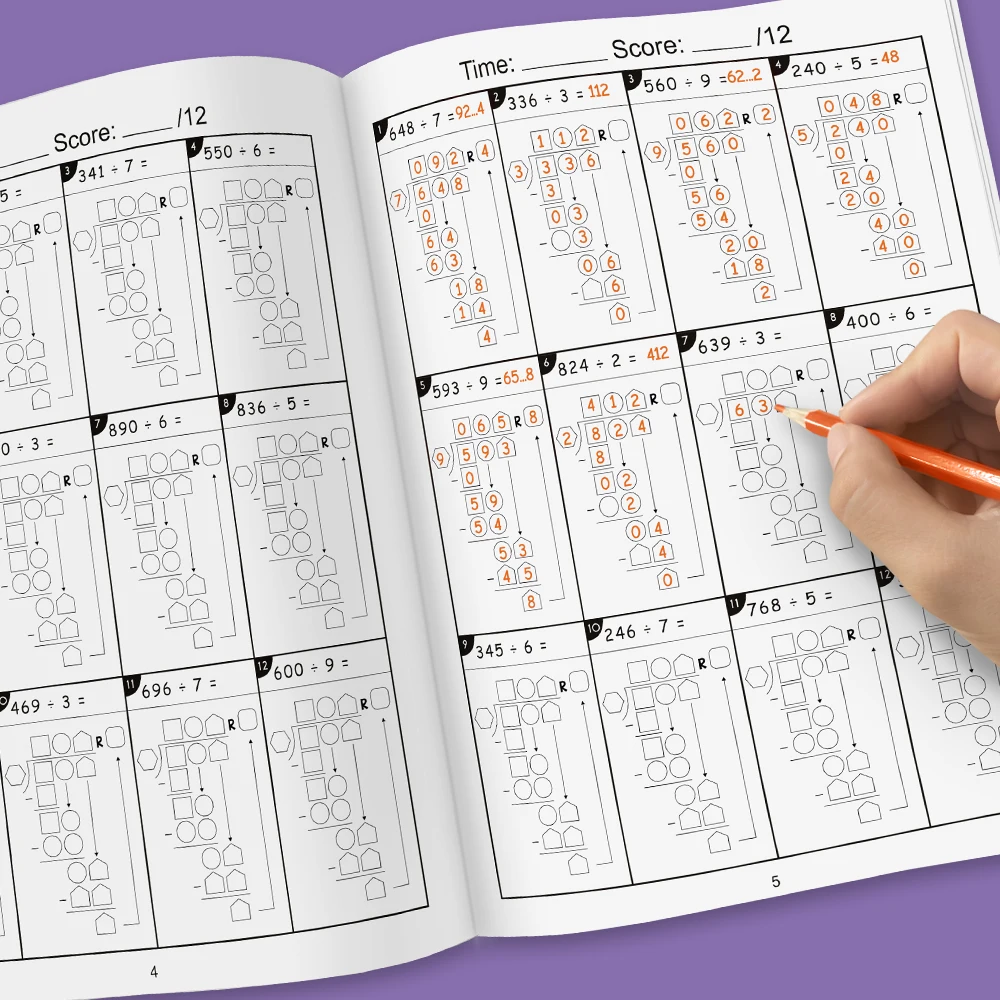 Imagem -06 - Planilha de Prática de Matemática Longa Divisão Multiplicação de Dígitos Livro de Exercícios de Matemática Caderno de Teste Graus 36 Aritmética da Escola Primária