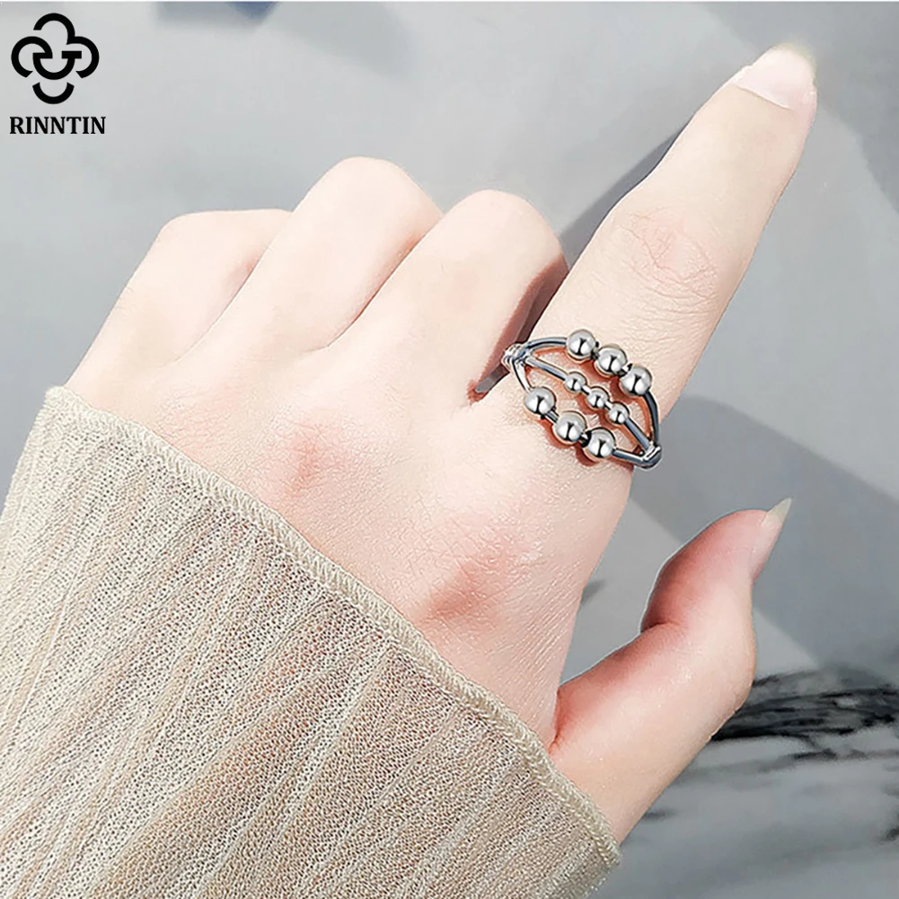 Rinntin 925 Sterling Silver Fidget Anxiety Ring with Rotatable Bead for Women Open Spinner Finger Ring Party Jewelry SR296