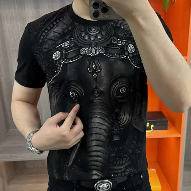 Elephant Print Men's Summer Round Neck Short Sleeve T-shirt Hot Diamond Versatile Slim European Luxury Short Sleeved T-shirt
