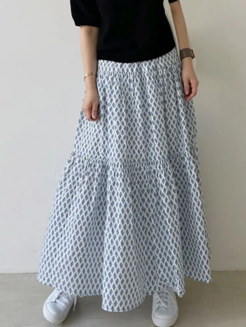 

Chic High Waist Midi Skirt Women's Long Skirt Spring Summer Vintage Ethnic Diamond Design All-Match Maxi Skirt Korean DZH8