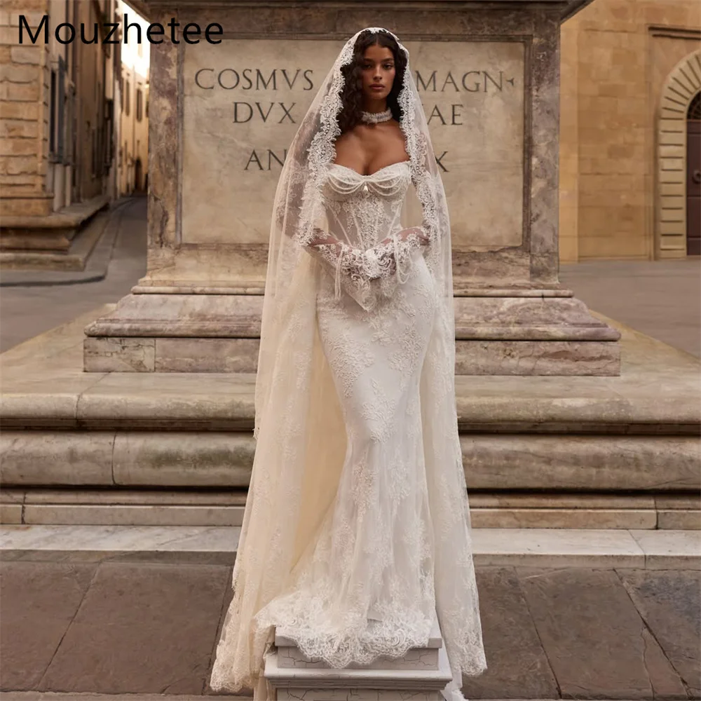 

Mouzhetee Mermaid Elegant Pearls Lace Strapless Wedding Dresses Simple Sleeveless Brides Gown Custom Made 2026