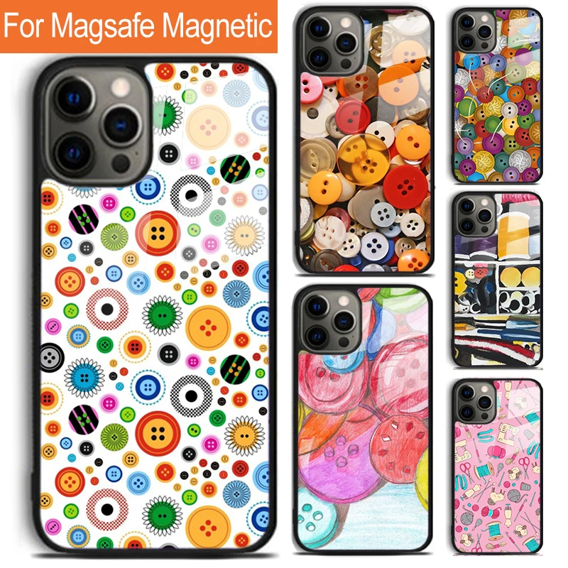 Sewing Buttons Phone Case For iPhone 16 15 14 13 12 11 Pro Max Plus Magsafe Magnetic Wireless Charging Cover