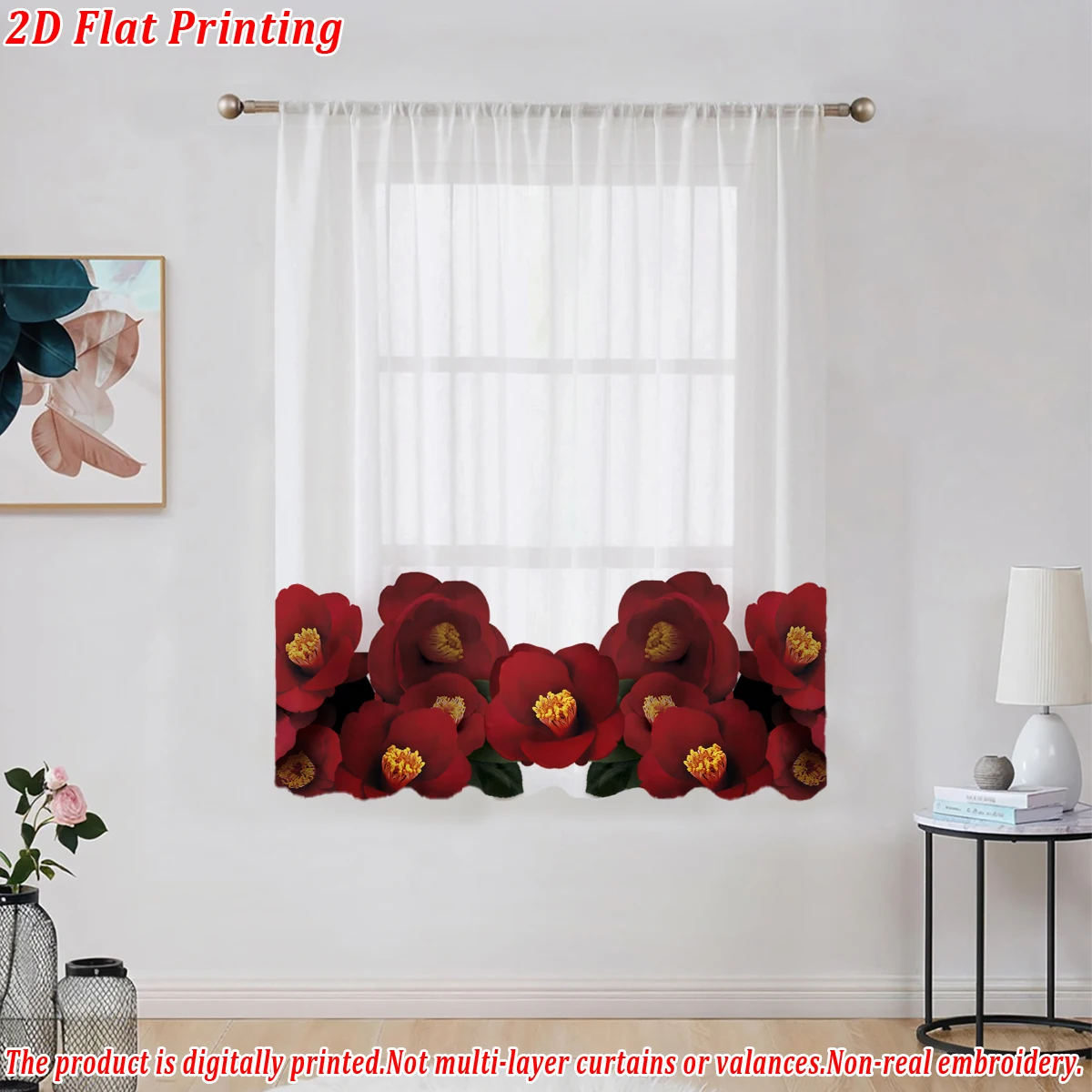 ستارة شفافة بطباعة مسطحة من كاميليا سينينسيس باللون الأحمر، قماش خفيف، لغرفة المعيشة وغرفة النوم وديكور المنزل والنافذة